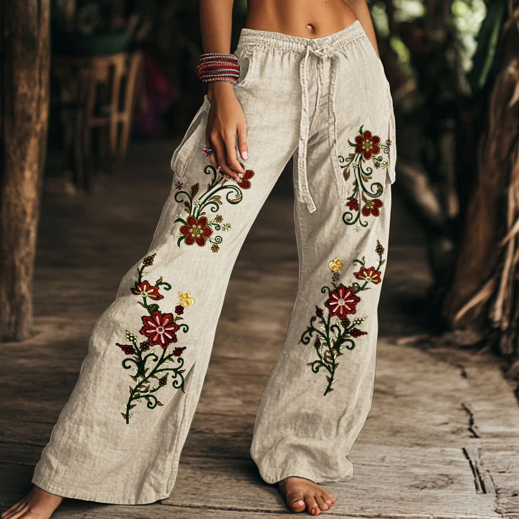 Vintage Floral Art Printed Cotton Linen Wide Leg Pants