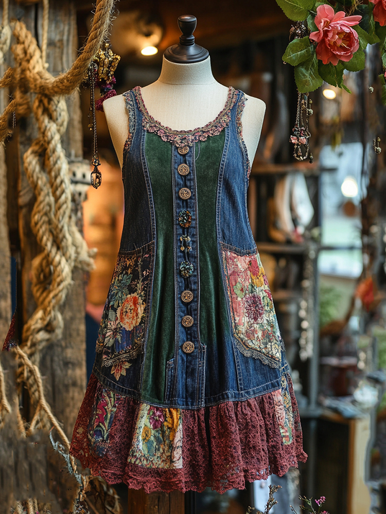 Vintage Denim Patchwork Lace Art Sleeveless Dress
