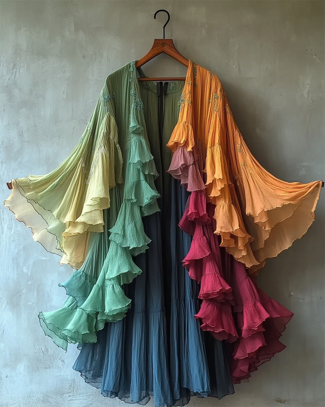 Color-Blocking Rainbow Ruffle Coat