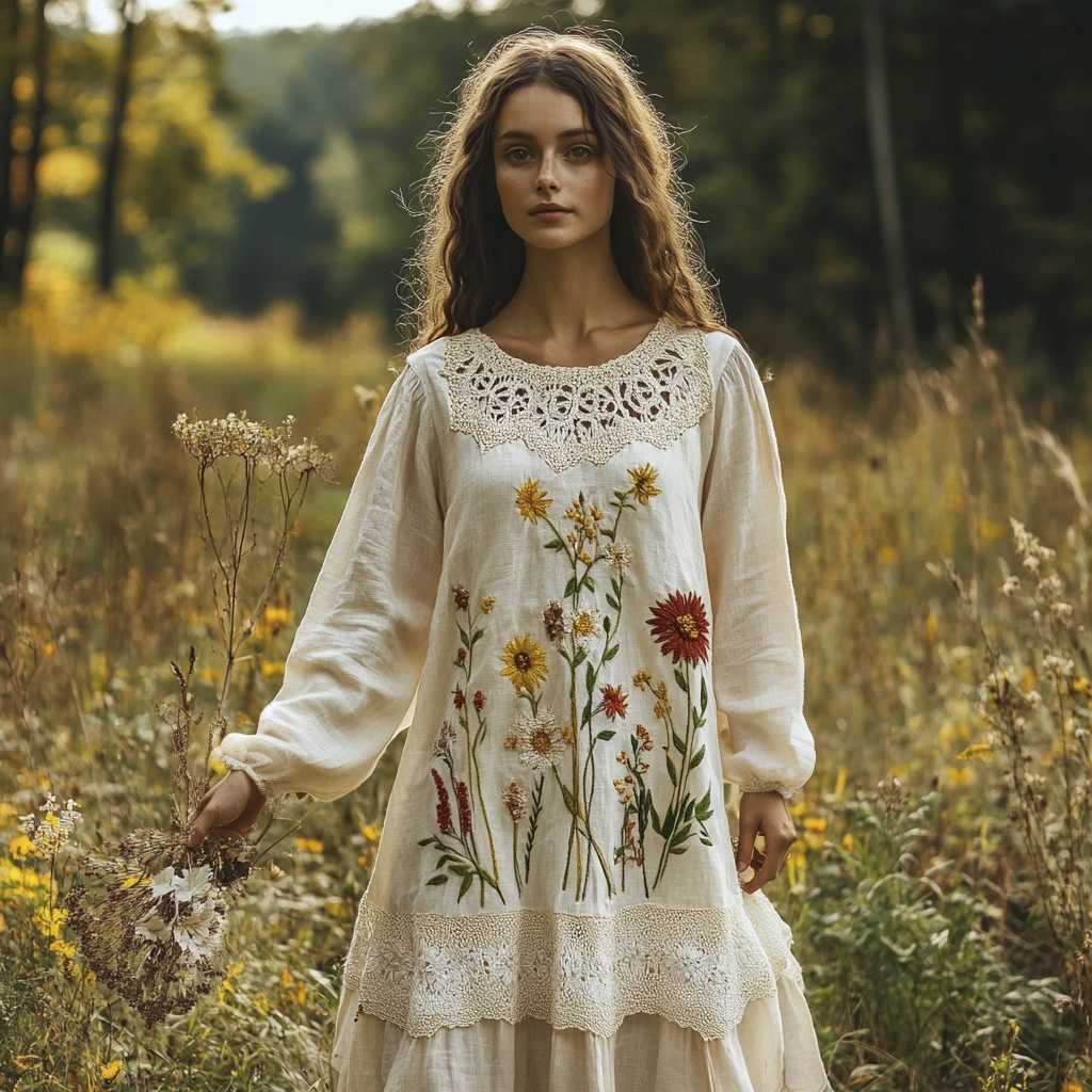 Rustic Lace Floral Embroidery Art Women's Linen Flowy Long Dress