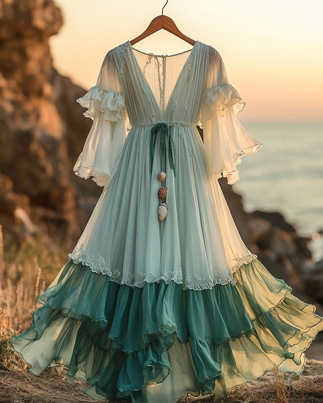 Summer vacation bohemian hand embroidered chiffon dress