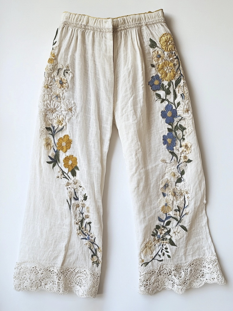 Floral Embroidery Lace Trimmed Women's Linen Pants