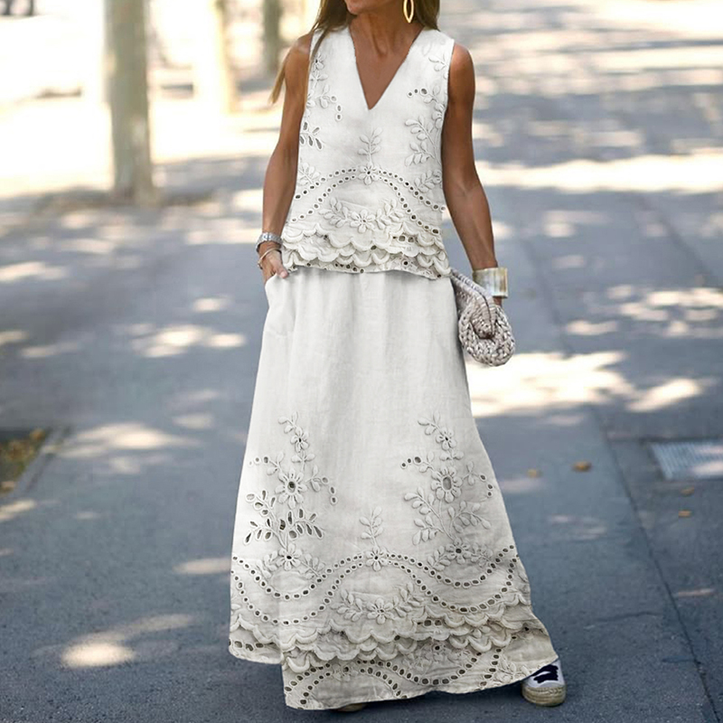 Cottage Floral Embroidered Lace Linen Blend Tank Top & Skirt Set