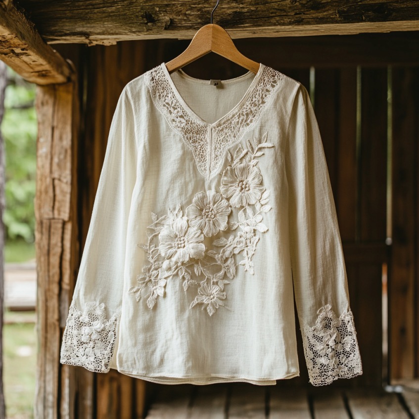 Women's Retro Floral Lace Embroidery Art V-neck Shirt