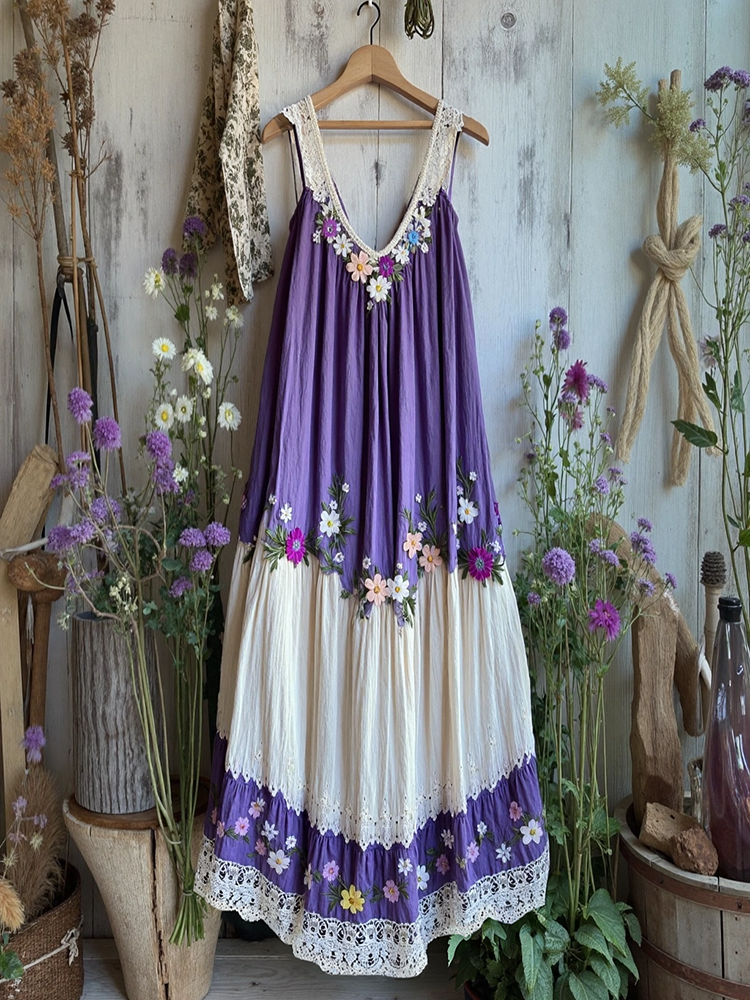 Vintage Lace Flowers Art Linen V Dress