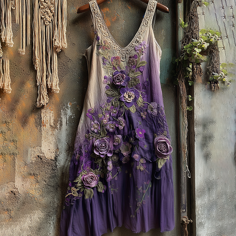 Classy Gradient Purple Lavender And Floral Embroidered Linen Maxi Dress