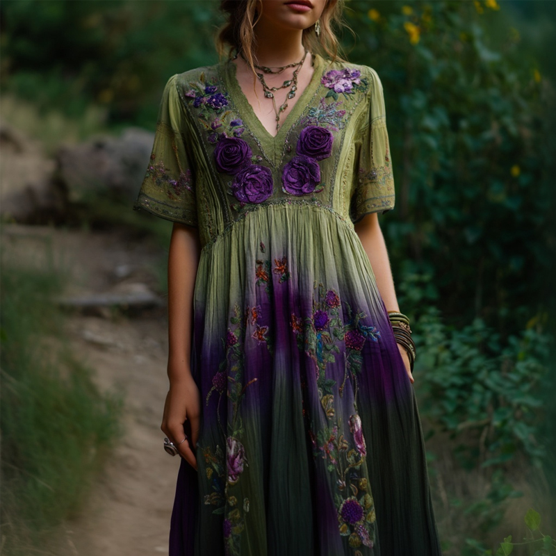 Vintage Purple Roses Embroidered Gradient Linen Maxi Dress