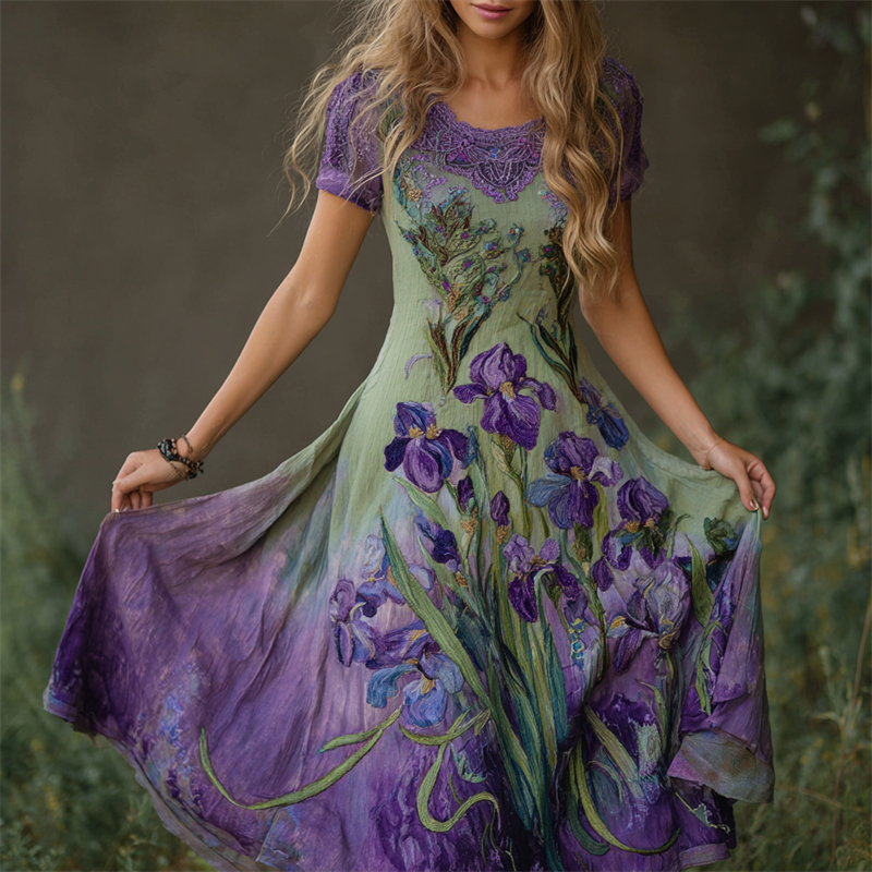 Oil Painting Purple Irises Embroidered Lace Patchwork Linen Maxi Dress