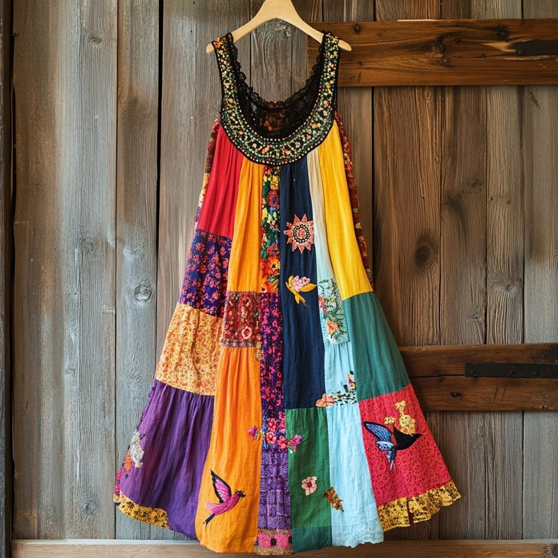 Boho Floral Embroidered Patchwork Linen Blend Dress
