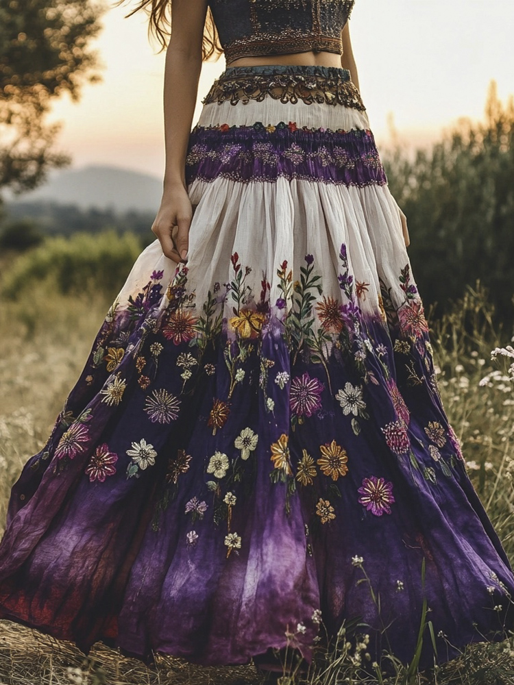 Women's Boho Floral Embroidery Purple Gradient Cotton Flowing Half Elastic Skirt