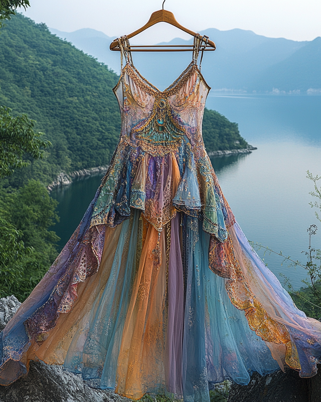 Summer Irregular Lace Patchwork Beaded Ruffle Dress