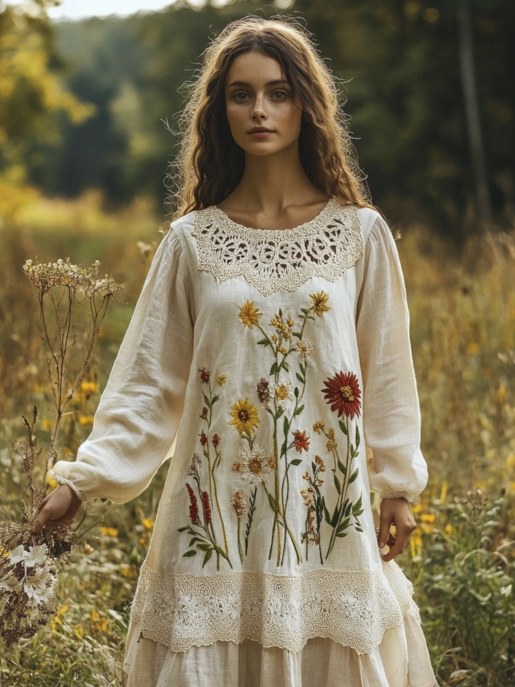 Rustic Lace Floral Embroidery Art Women's Linen Flowy Long Dress