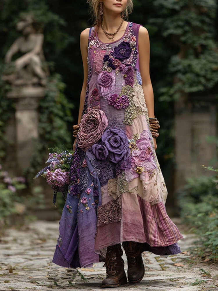 Classy Gradient Purple Lavender And Floral Embroidered Linen Maxi Dress