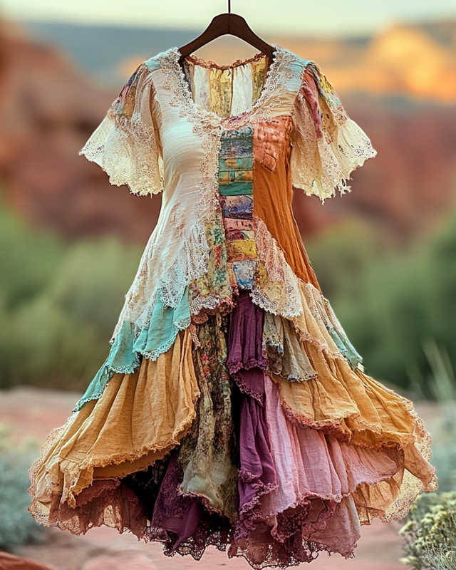 Summer Vintage Floral Lace Patchwork Dress