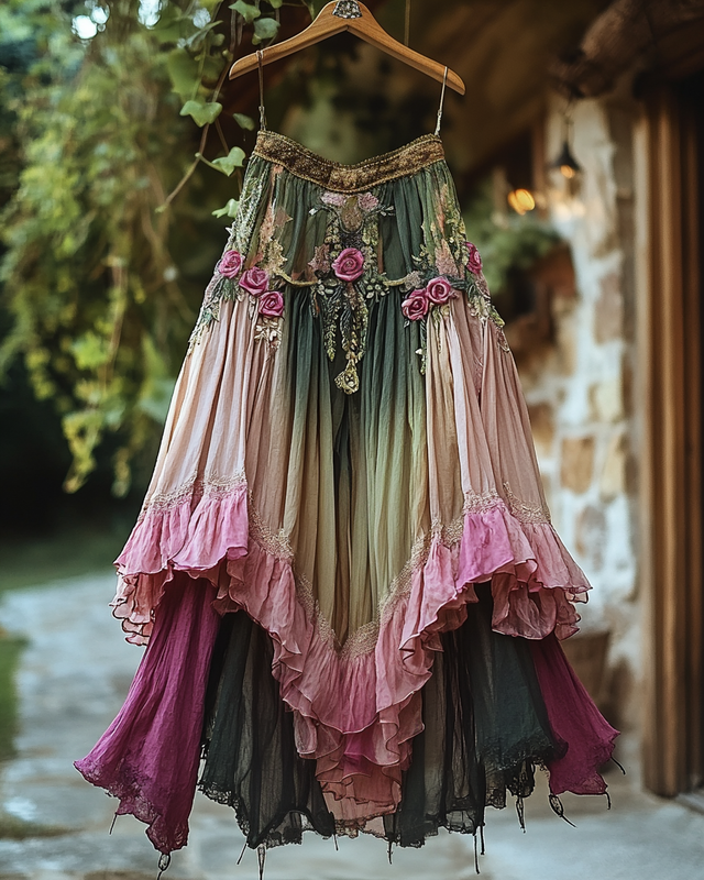 Summer Ruffled Cotton And Linen Patchwork Contrast Color Skirt