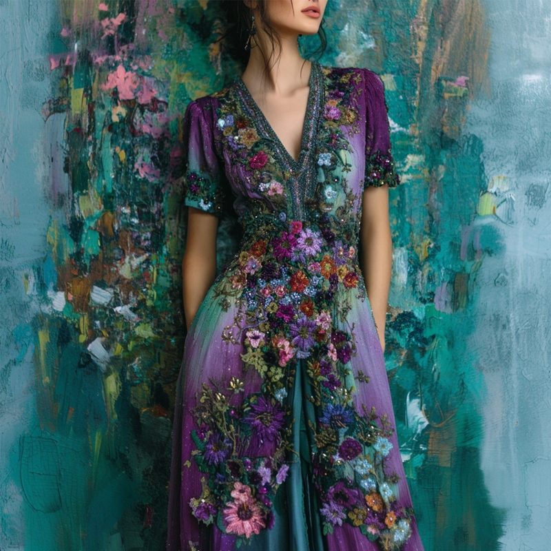 Vintage Floral Embroidered Gradient Linen Maxi Dress