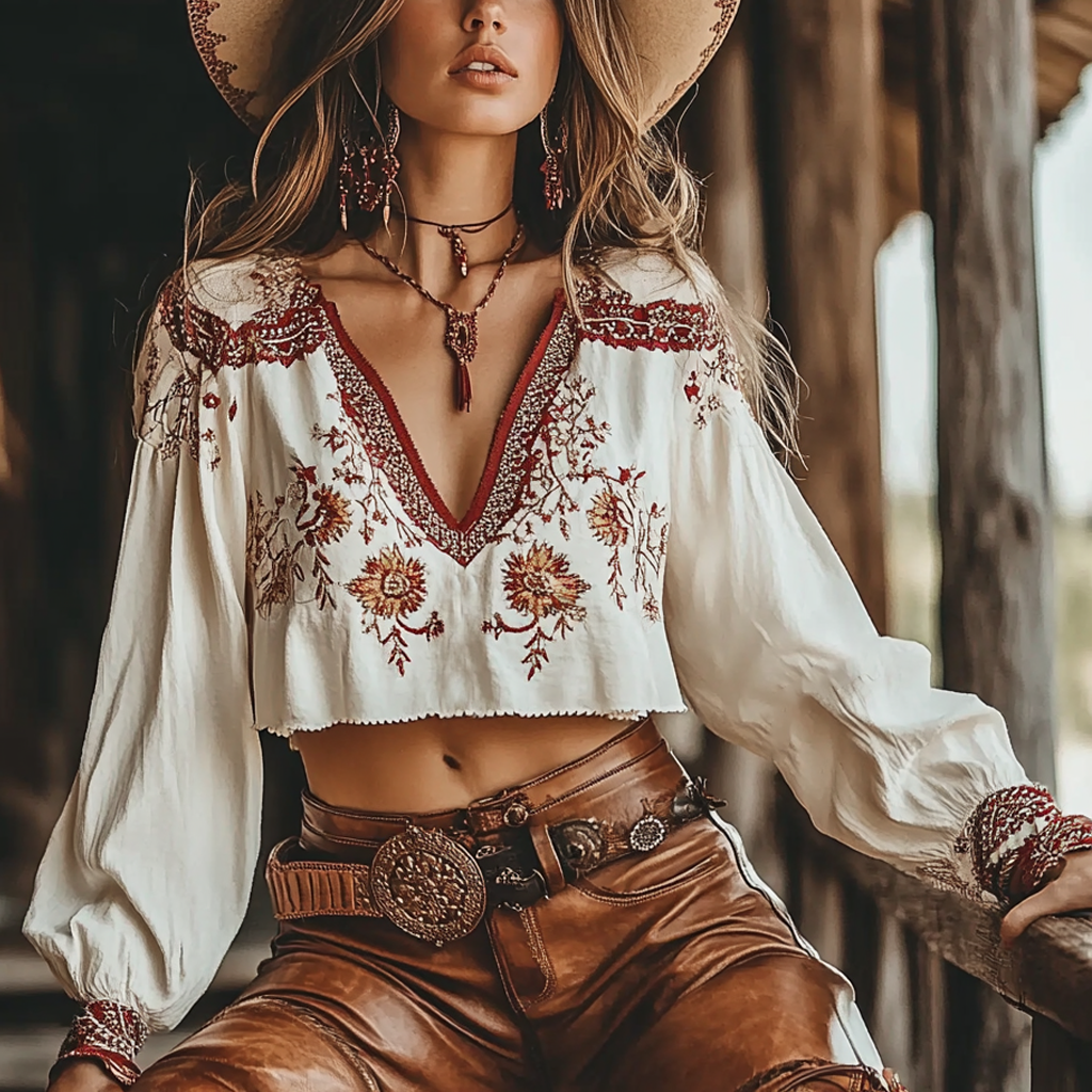 Women's Vintage Bohemian Ethnic Boho Print V-neck Lantern Sleeve Beige Blouse Western Shirts