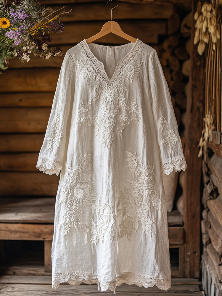Floral Embroidery Lace Art Linen Blend Maxi Dress