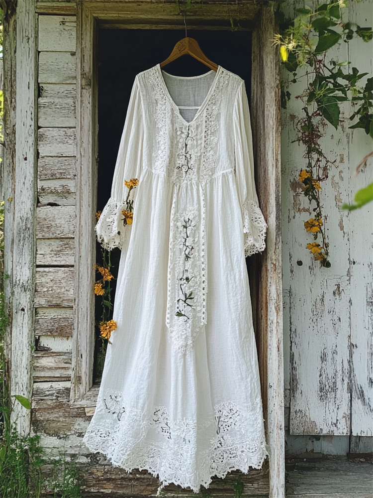 Vintage Floral Embroidered Lace Hem Linen Maxi Dress