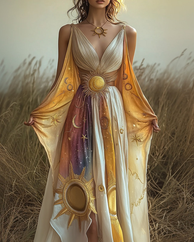 Hand-painted color matching star and moon embroidery irregular long palace style dress