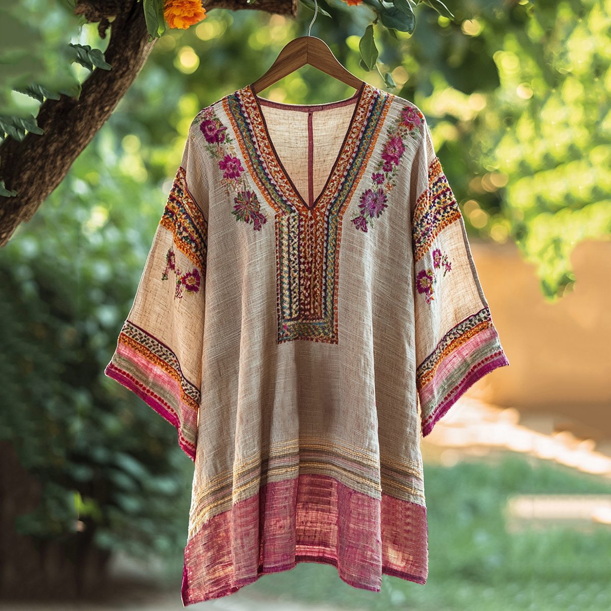 Women's Vintage Embroidered Flower V-neck Linen Blend Loose T-shirt