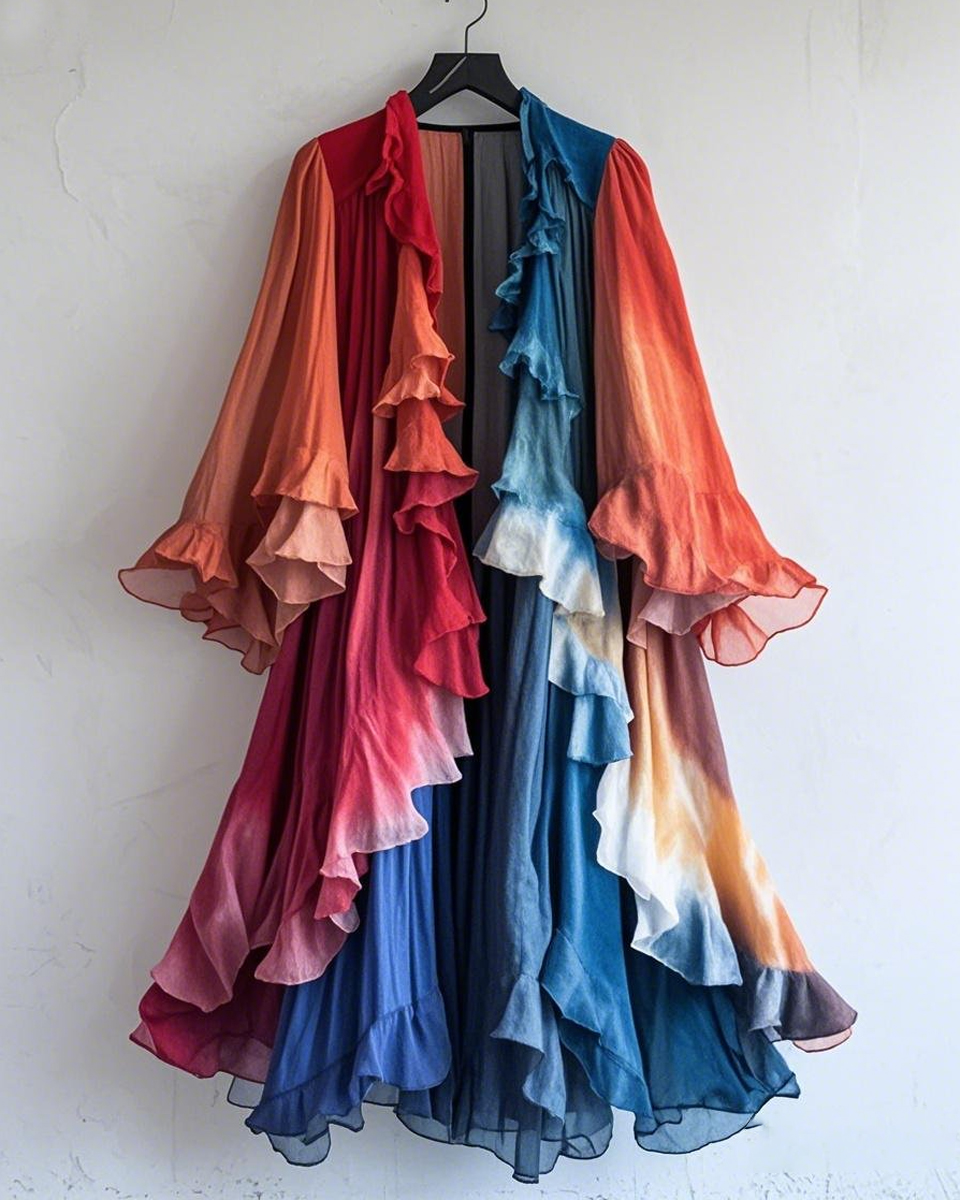 Color-Blocking Rainbow Ruffle Coat