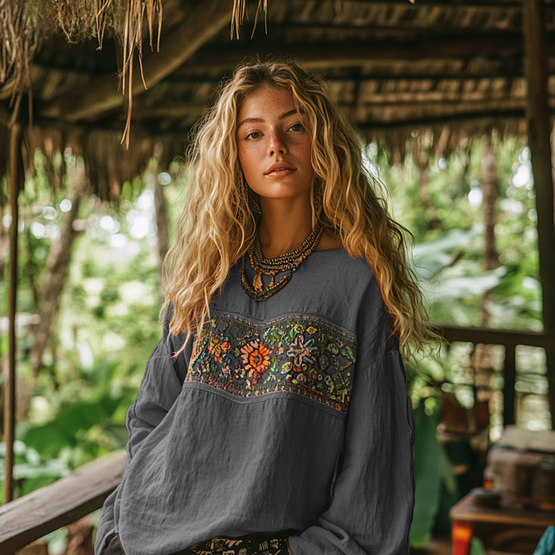 Retro Bohemian Art Embroidery Print Cotton And Linen Blend Loose Blouse