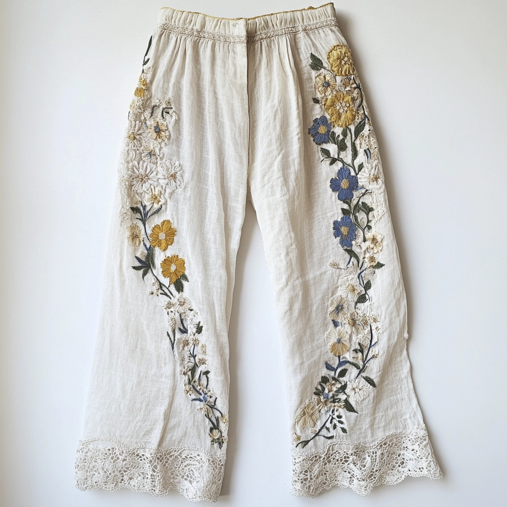 Floral Embroidery Lace Trimmed Women's Linen Pants