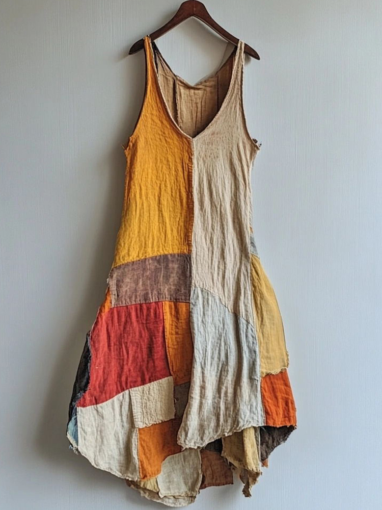 Vintage Patchwork Art Linen Blend Midi Dress