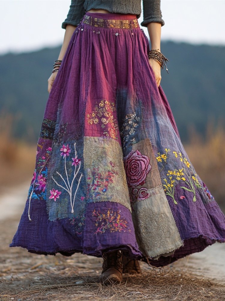 Boho Floral Embroidery Patchwork Vintage Art Women's Linen Flowy Maxi Dress