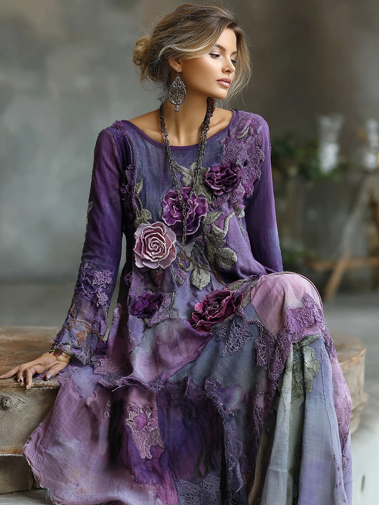 Vintage Bohemian Embroidered Floral Patchwork Linen Maxi Dress