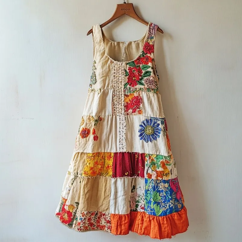 Boho Lace Floral Patchwork Linen Blend Dress