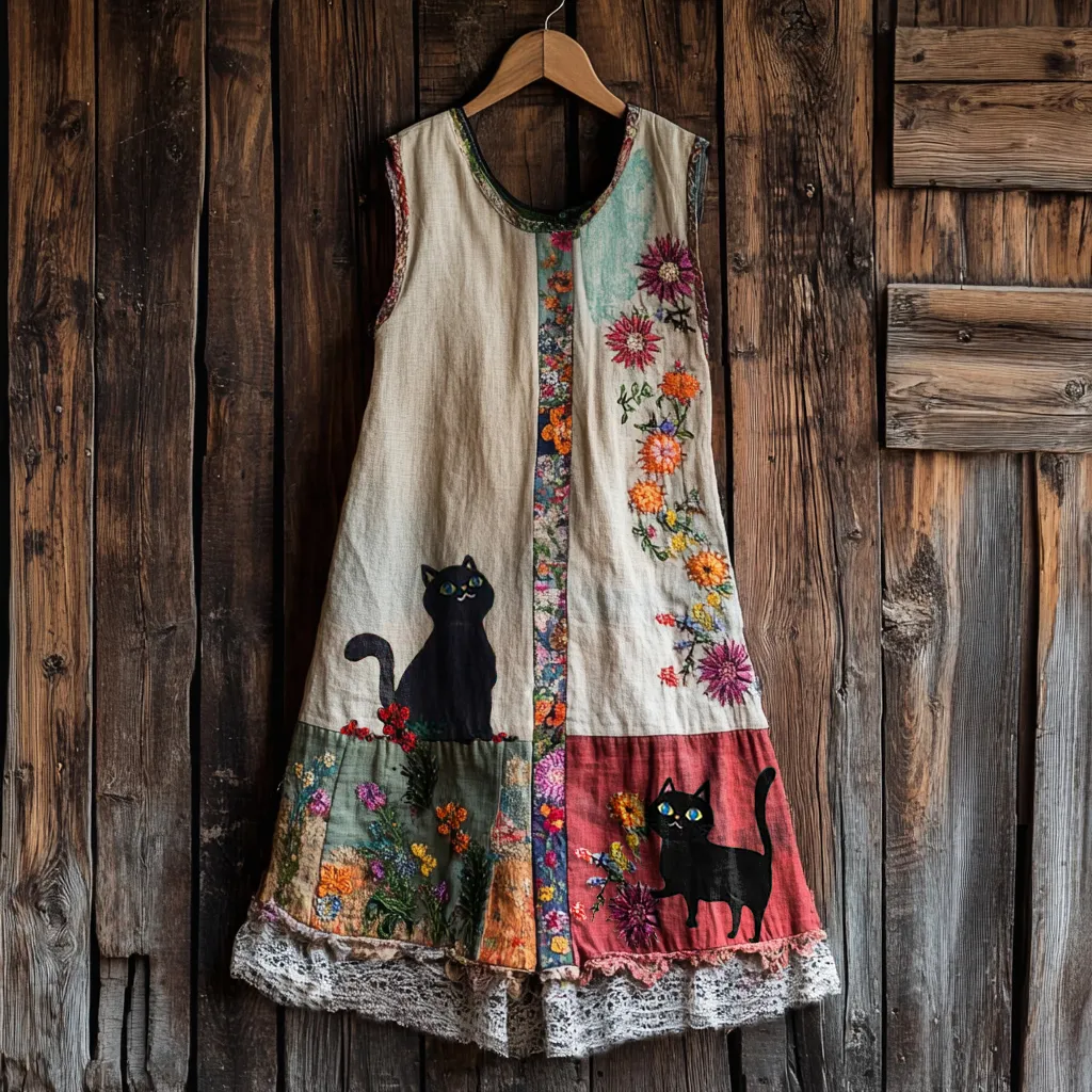 Vintage Cute Black Cat And Patchwork Linen Tank Dress