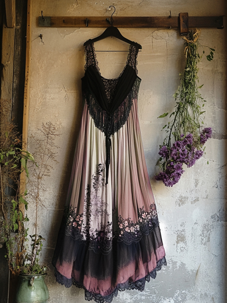 Boho Floral Embroidered Pattern Lace Patchwork Art Linen Dress