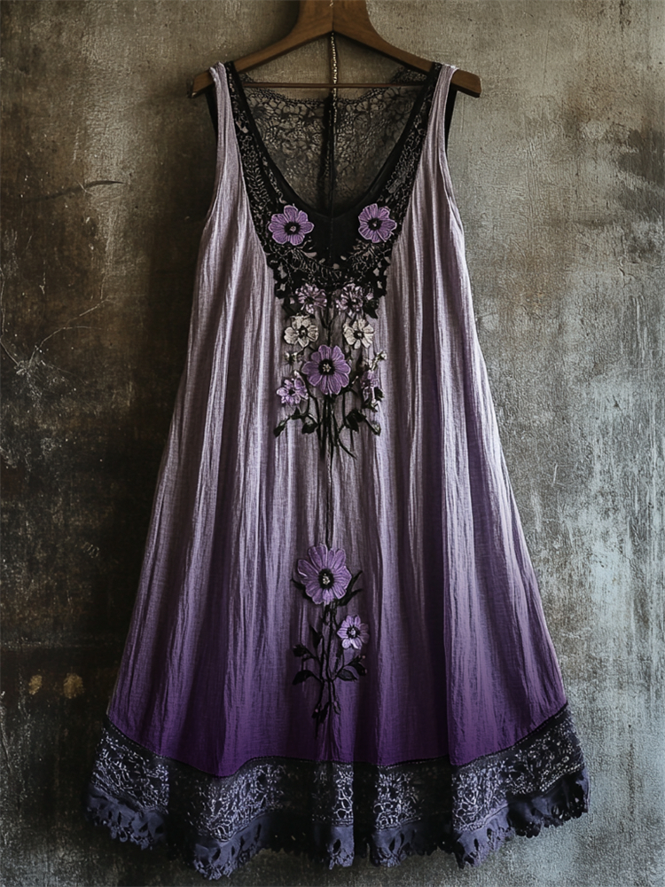 Boho Floral Embroidered Lace Patchwork Gradient Linen Dress