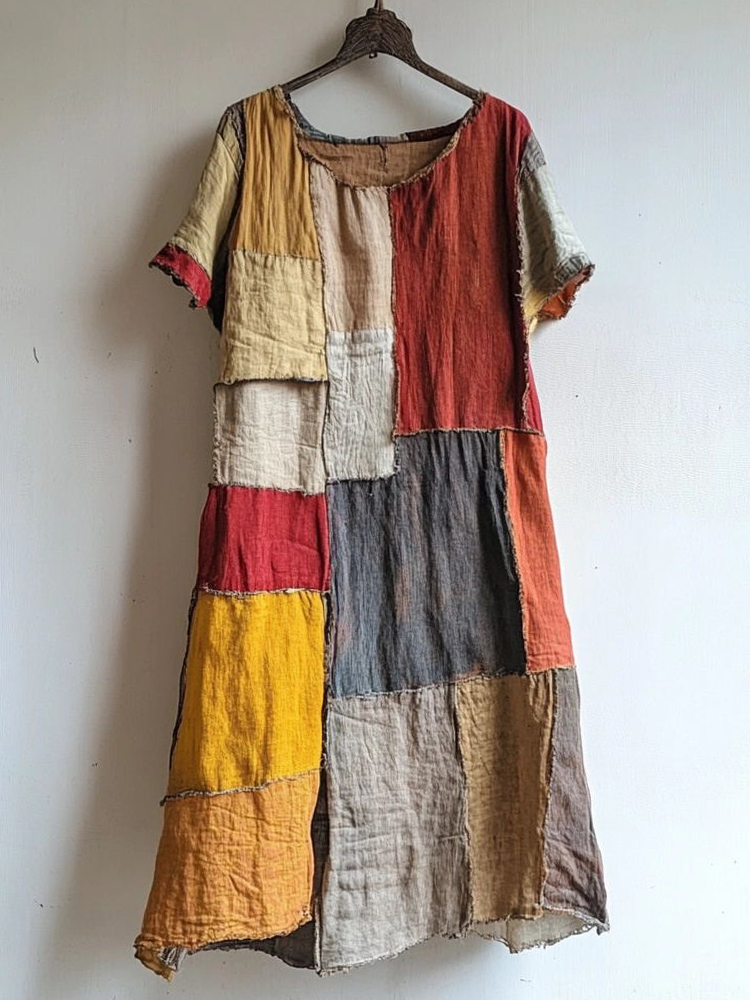 Vintage Patchwork Art Linen Blend Midi Dress