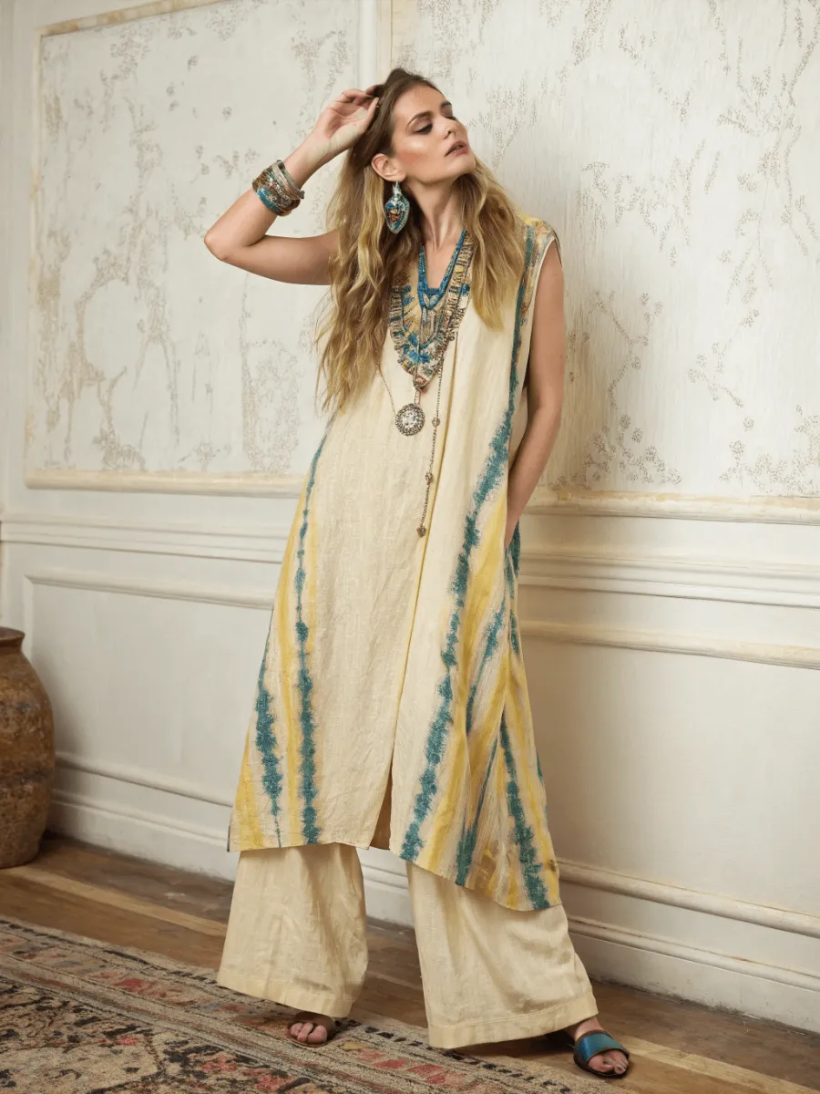 Women's cotton and linen long vest suit