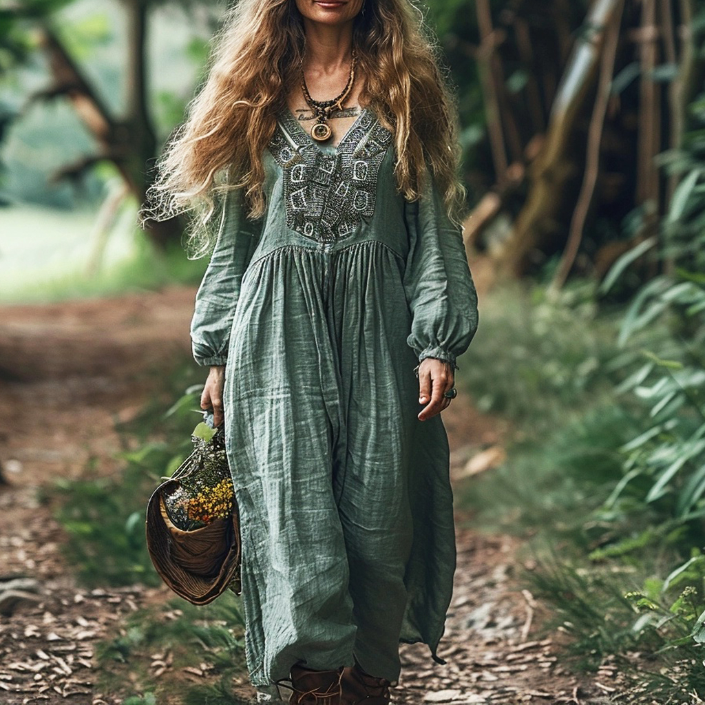 Women's Linen Ethnic Loose Maxi Long Dress