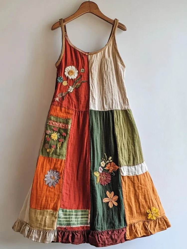 Boho Floral Embroidered Patchwork Linen Blend Dress