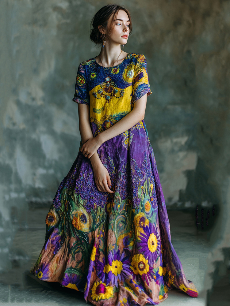 Vintage Lavender Starry Sky Oil Painting Print Linen Maxi Dress