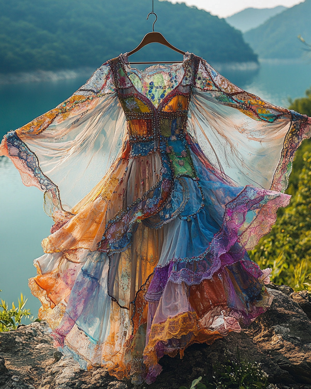 Summer Irregular Lace Patchwork Beaded Ruffle Dress