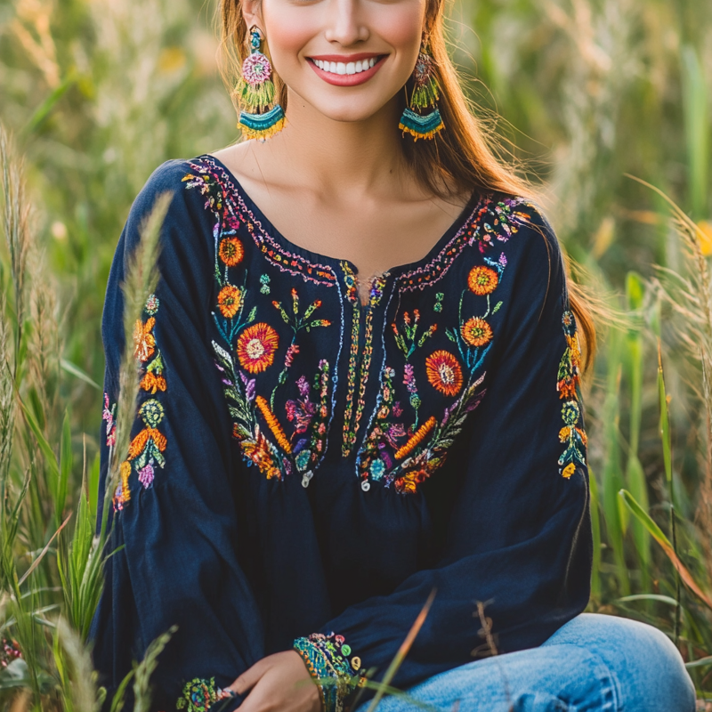 Women's Mexican Navy Blue Bohemian Floral Embroidered Blouse