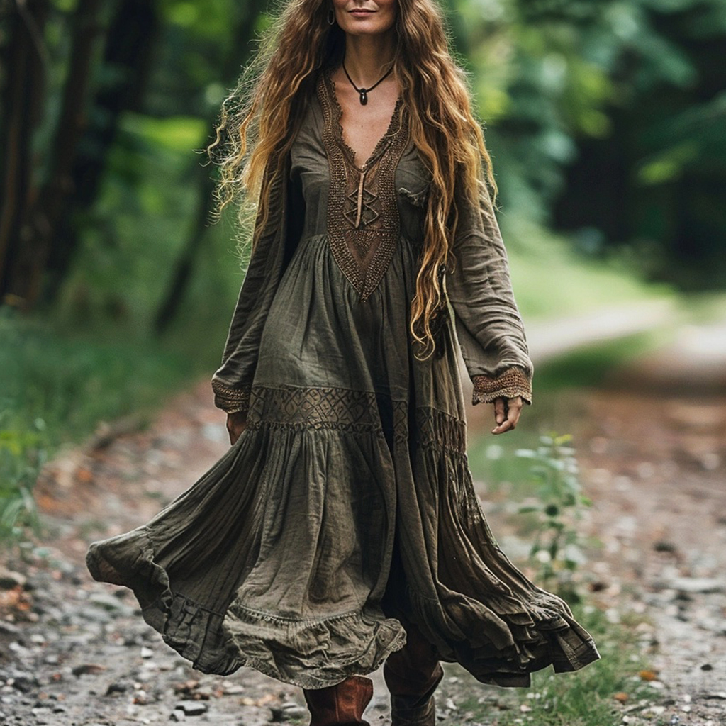 Women's Bohemian Linen Ethnic Maxi Dress