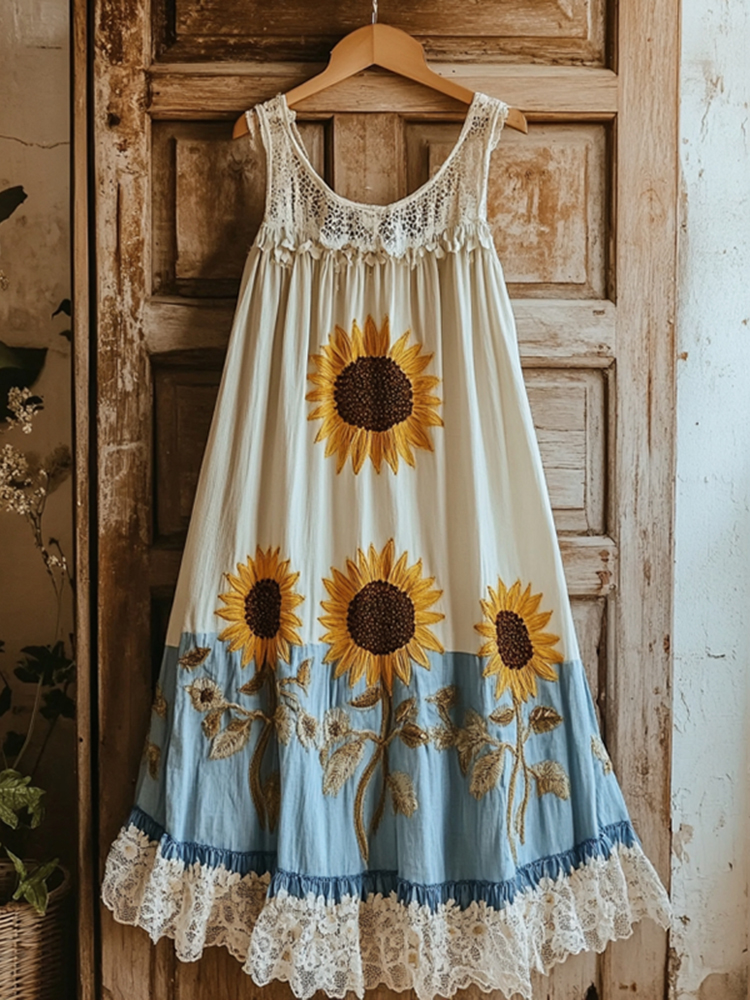 Vintage Sunflower Embroidered Lace Patchwork Art Linen Dress