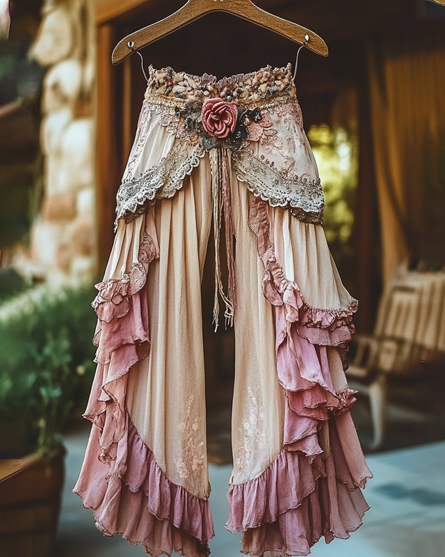 Summer ruffled cotton and linen patchwork contrast color pants