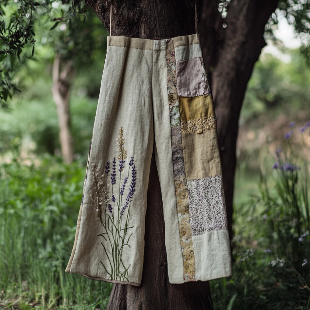 Women's Floral Patch Linen Comfort Casual Pants