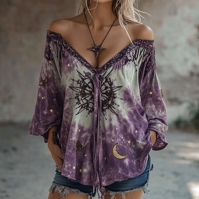 Ethnic handmade star and moon embroidery irregular off-shoulder top