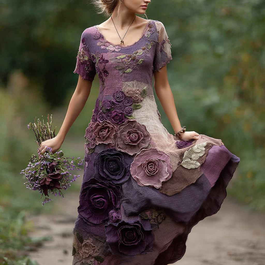 Classy Purple  Floral Embroidered And Patchwork Art Linen Maxi Dress