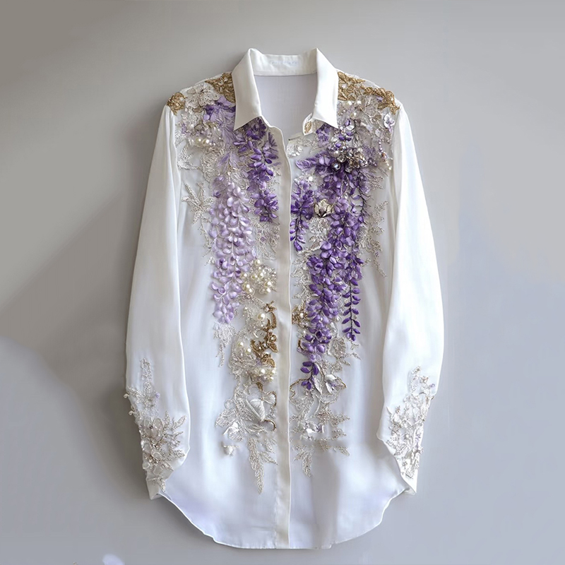 Women's Purple Floral Embroidered Art Linen Blend Shirt