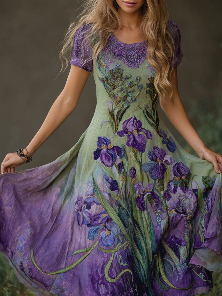 Oil Painting Purple Irises Embroidered Lace Patchwork Linen Maxi Dress